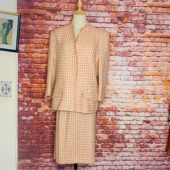 Vintage Anne Klein Coral Tweed Two Piece Fringed Flare Skirt Business Su… - Picture 1 of 14